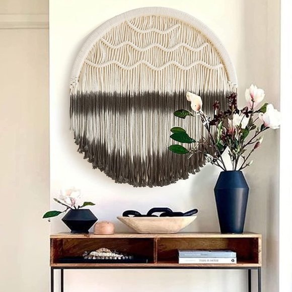 Boho Black Ombré Cream Macrame Circle Hippie Indie Tie-Dye Dipped Home Decor - Picture 8 of 10